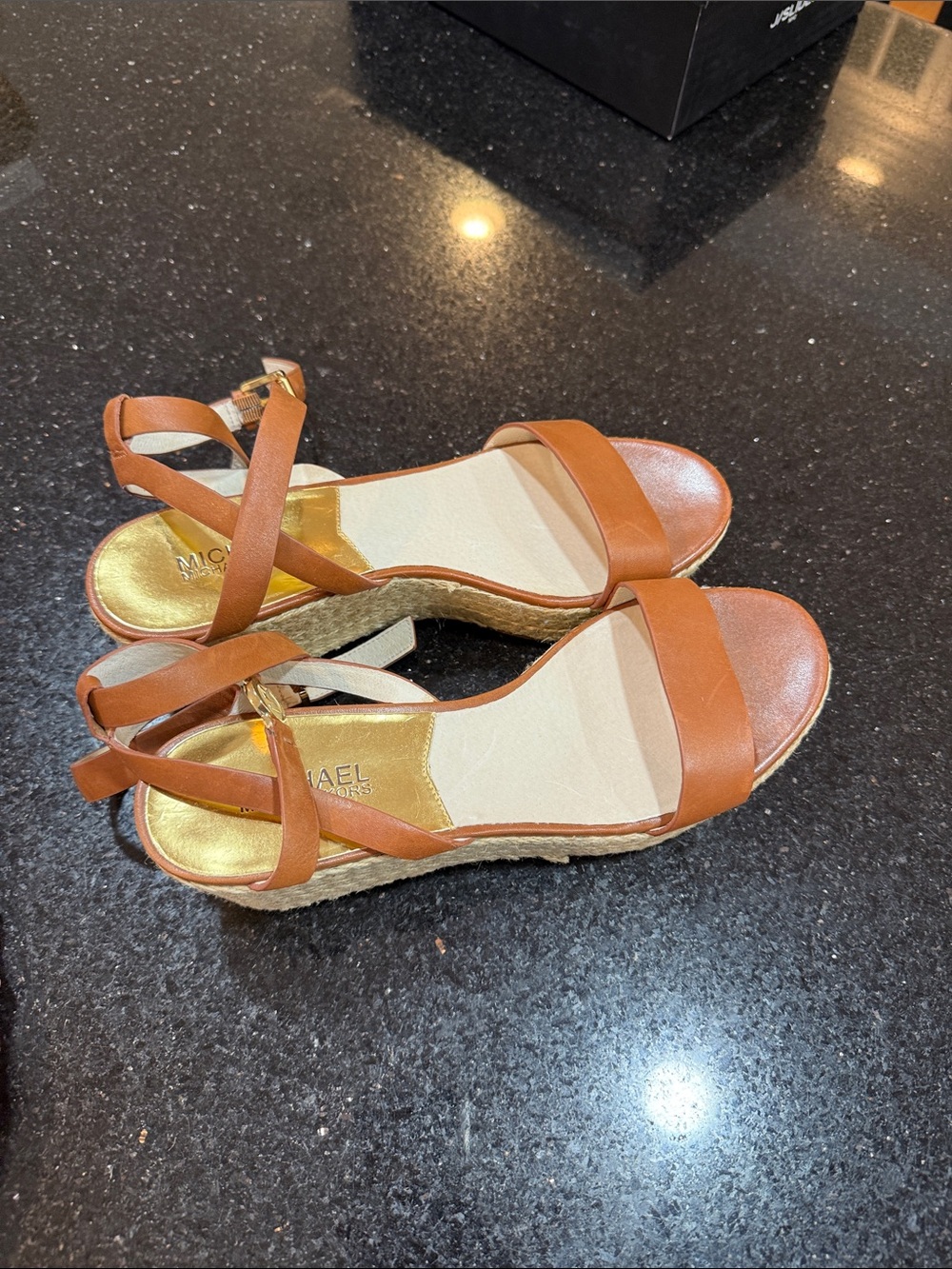 Michael Kors Cognac Leather Espadrille Wedge Sandals